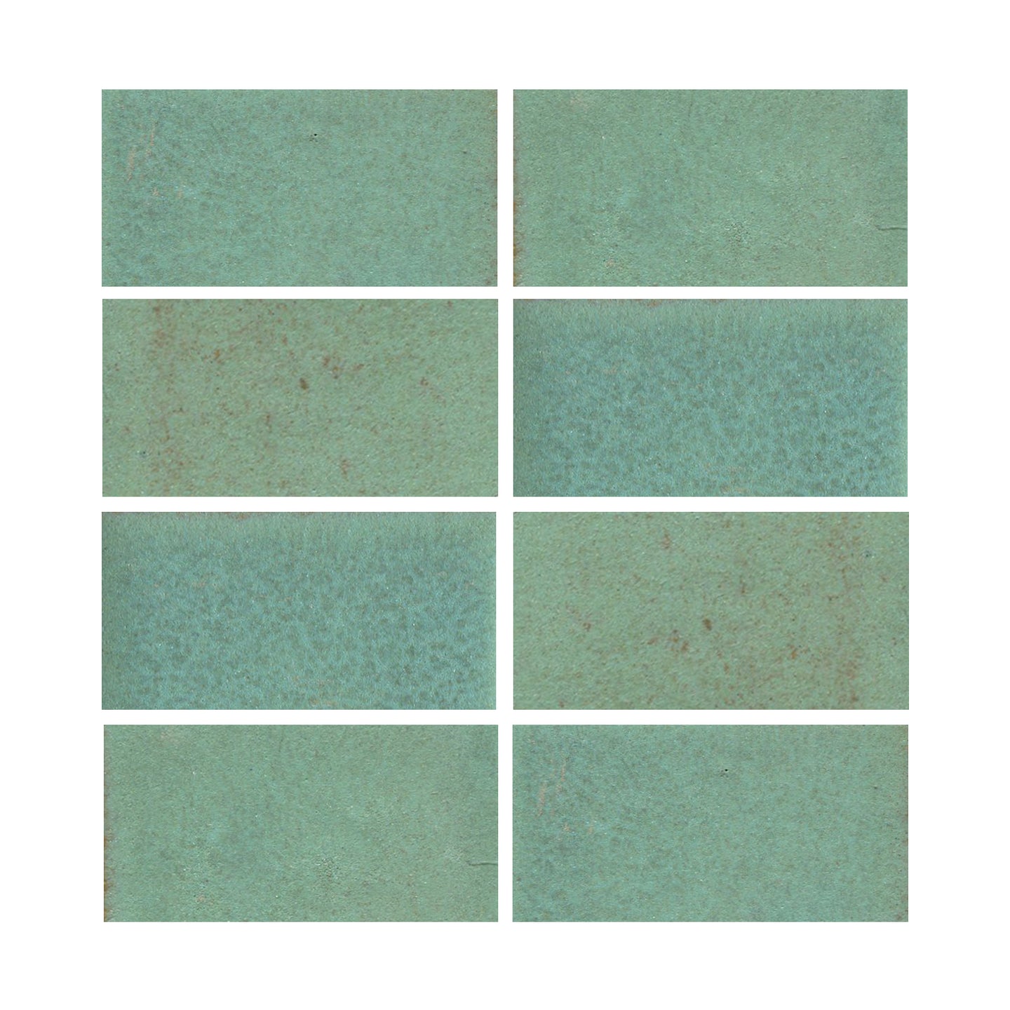 Copper patina 3x4 matte finish, transitioning in color from light green to turquoise.